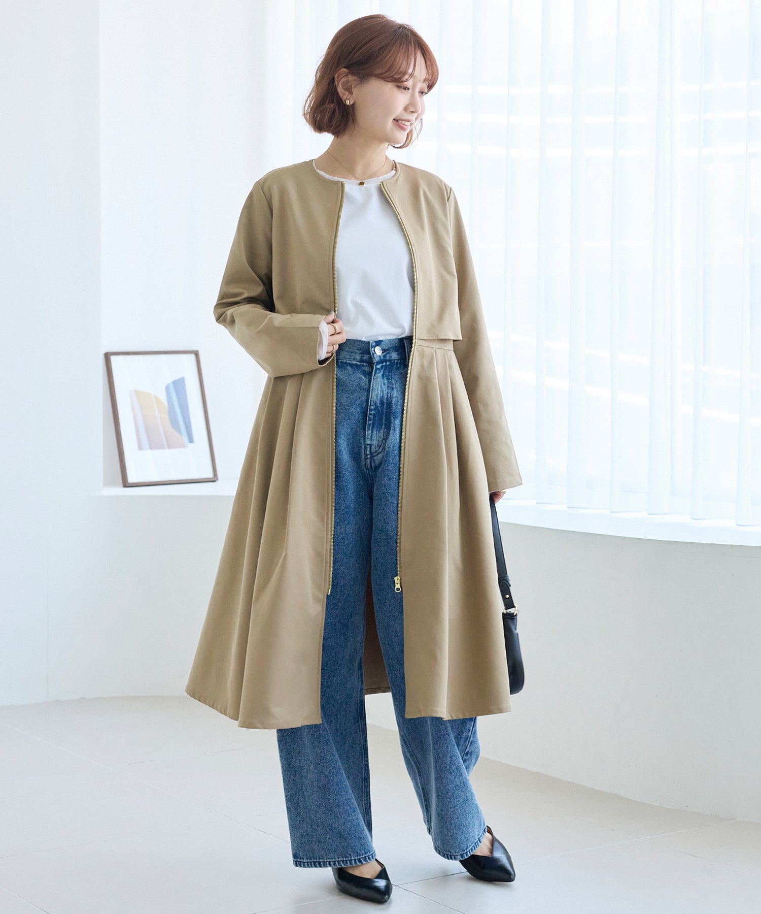 タックプリーツノーカラーコート