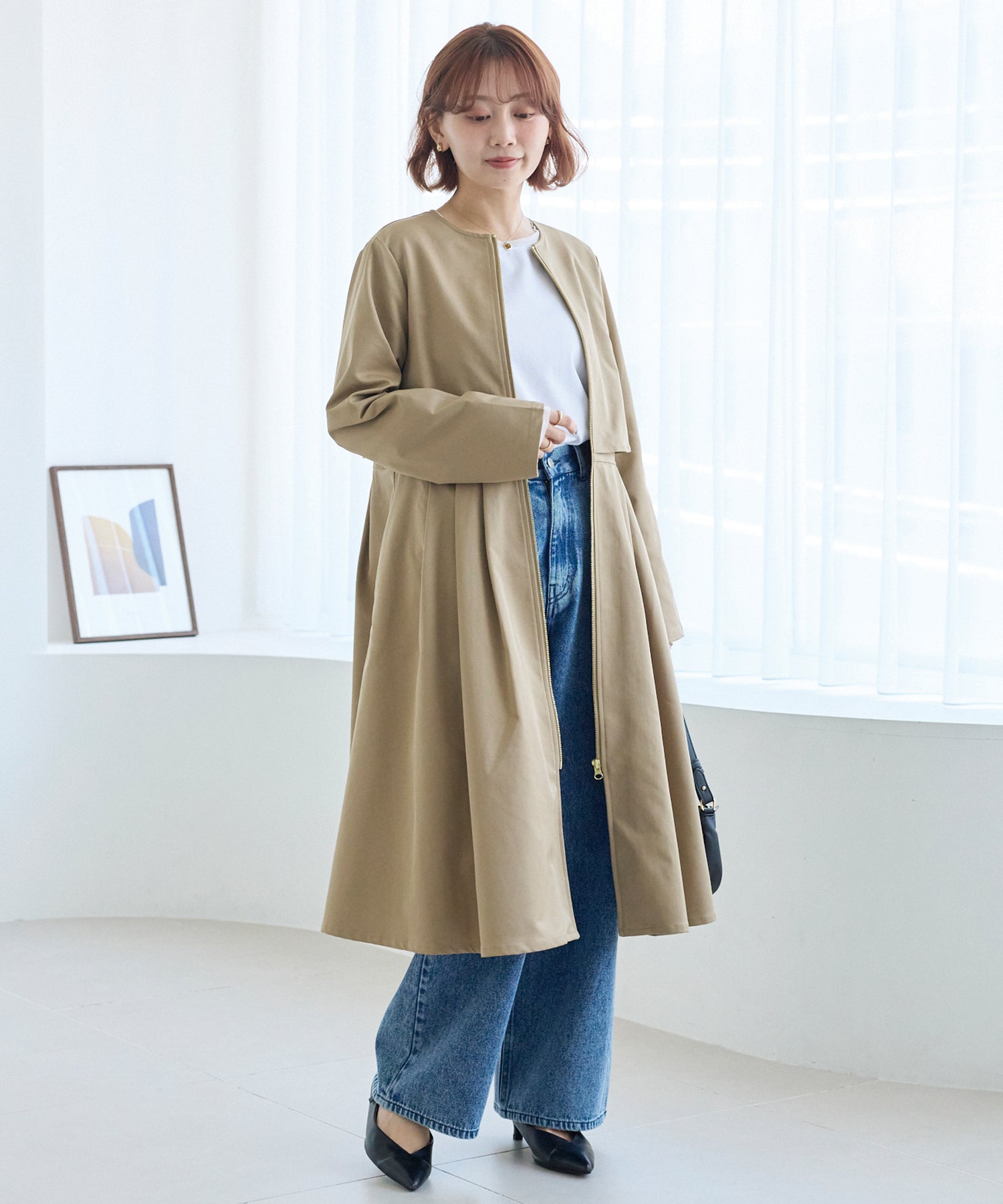 タックプリーツノーカラーコート