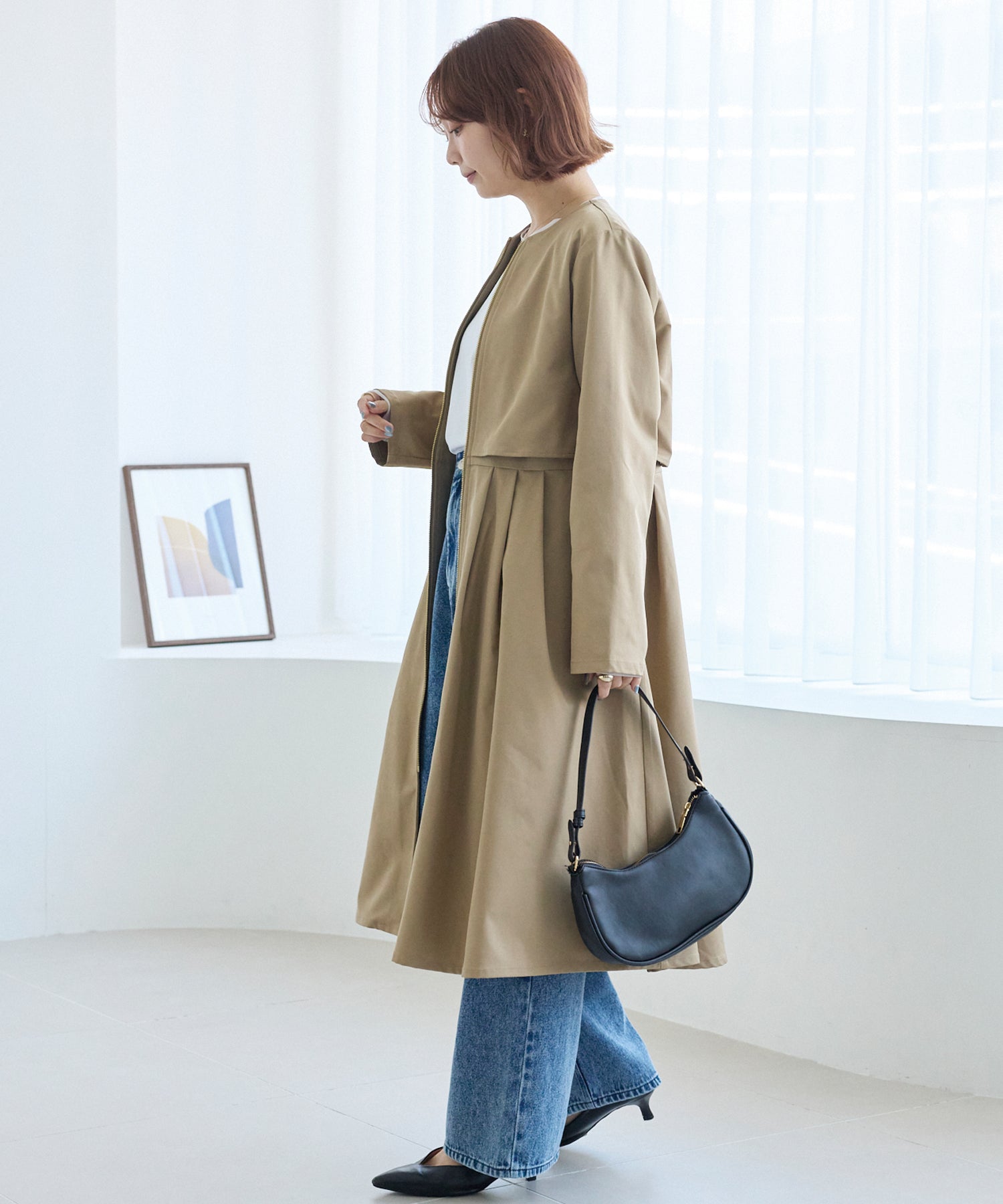 タックプリーツノーカラーコート