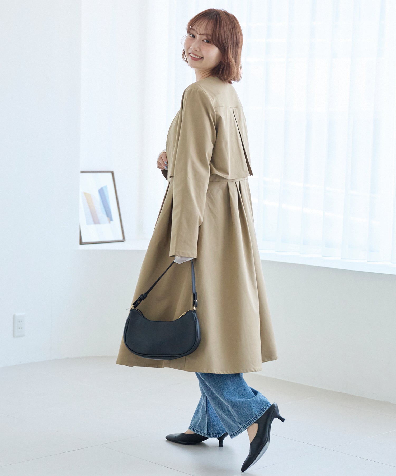 タックプリーツノーカラーコート