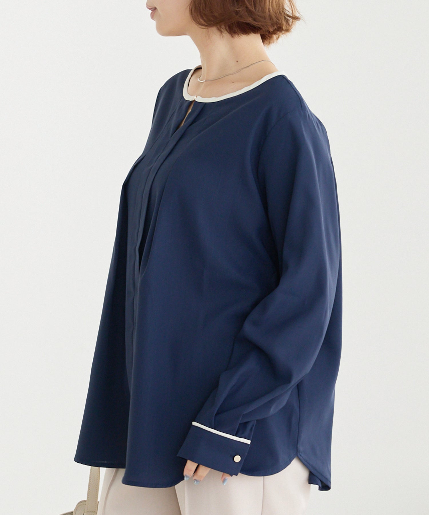 【洗える】パイピング配色ブラウス