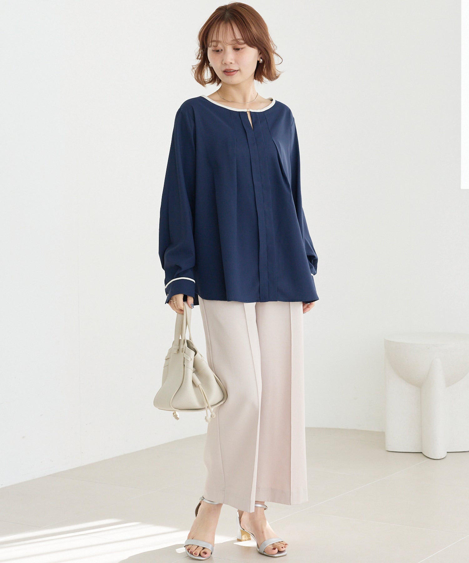 【洗える】パイピング配色ブラウス