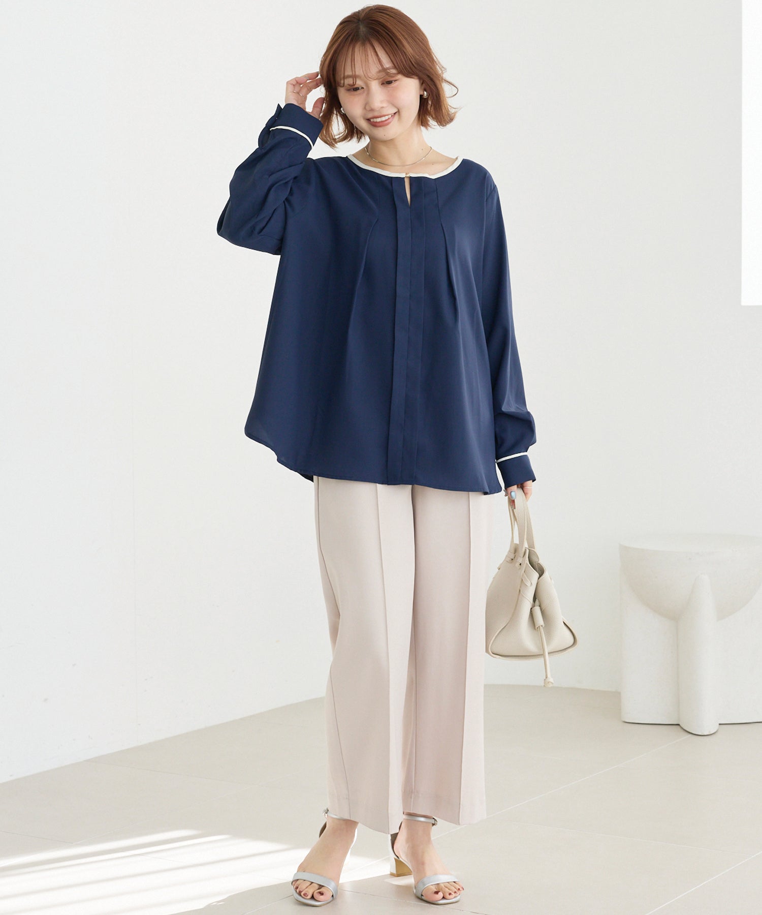 【洗える】パイピング配色ブラウス