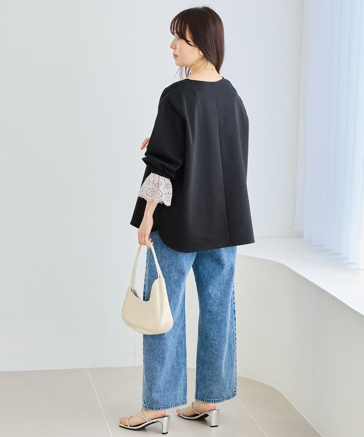 【洗える】袖レース配色ポンチプルオーバー