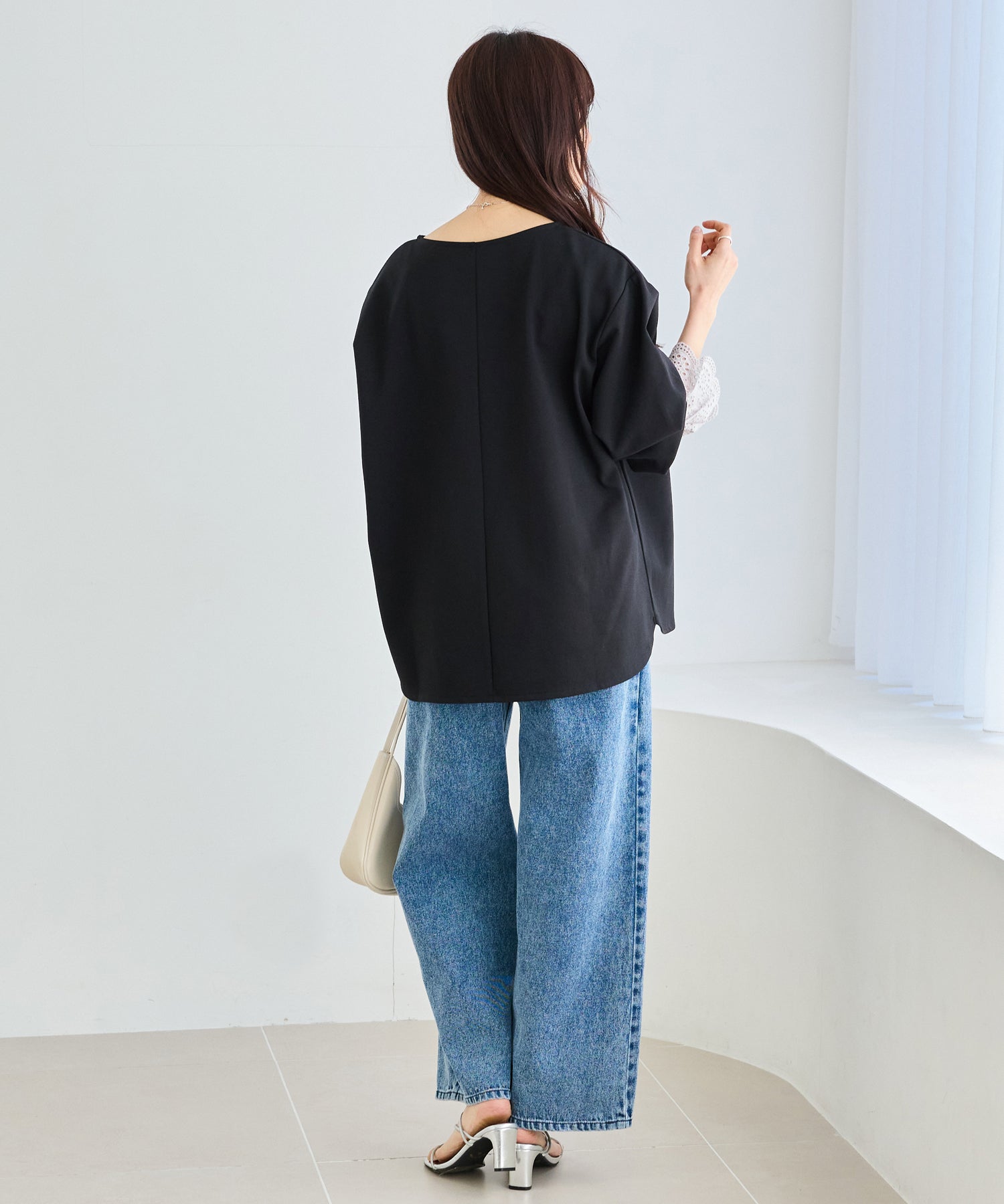 【洗える】袖レース配色ポンチプルオーバー