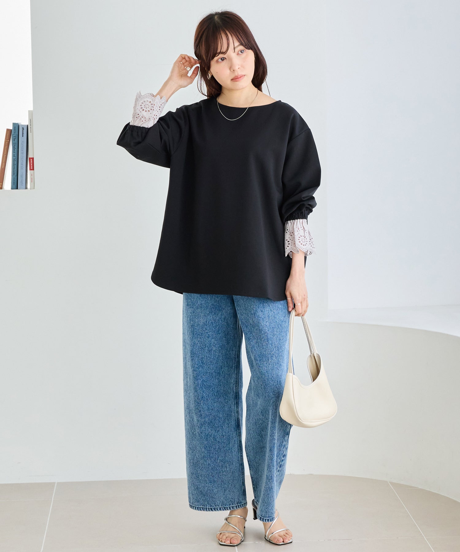 【洗える】袖レース配色ポンチプルオーバー