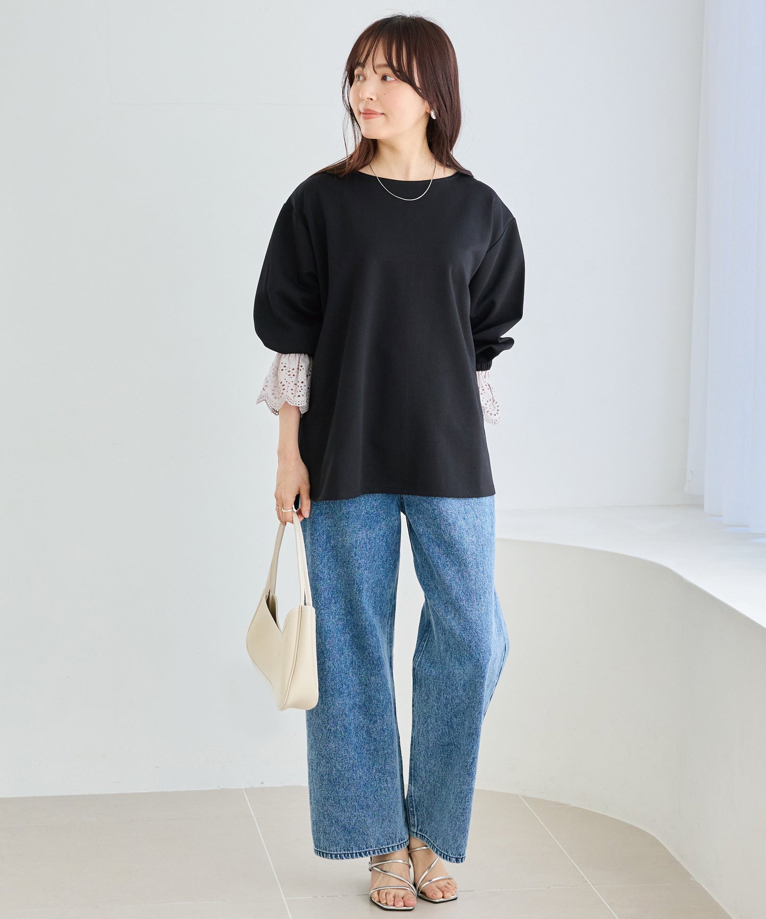 【洗える】袖レース配色ポンチプルオーバー