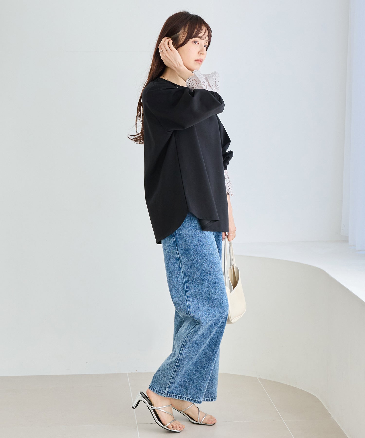 【洗える】袖レース配色ポンチプルオーバー