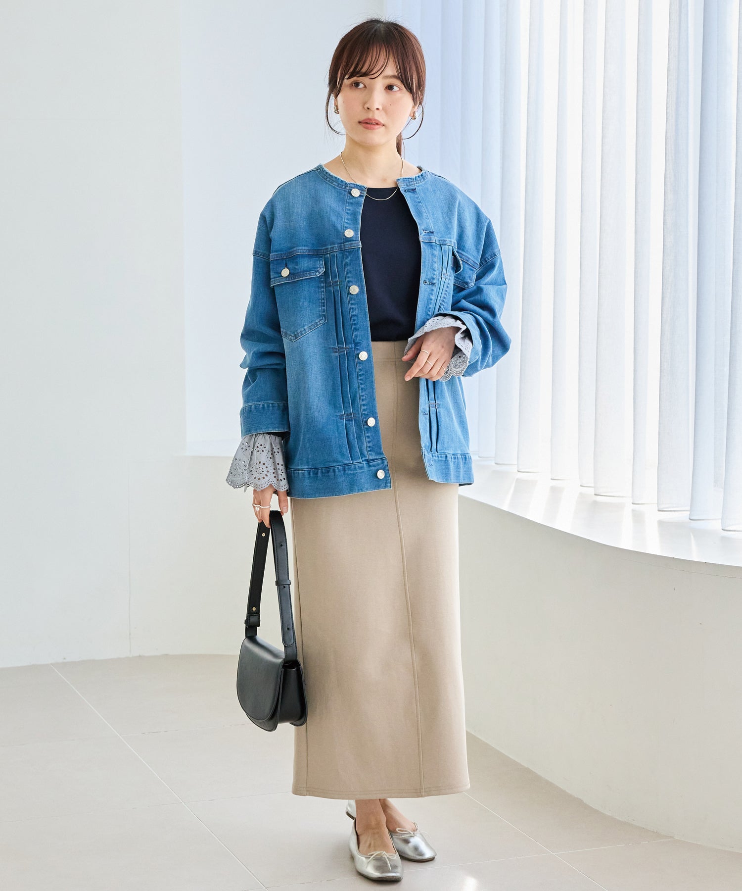 【洗える】袖レース配色ポンチプルオーバー