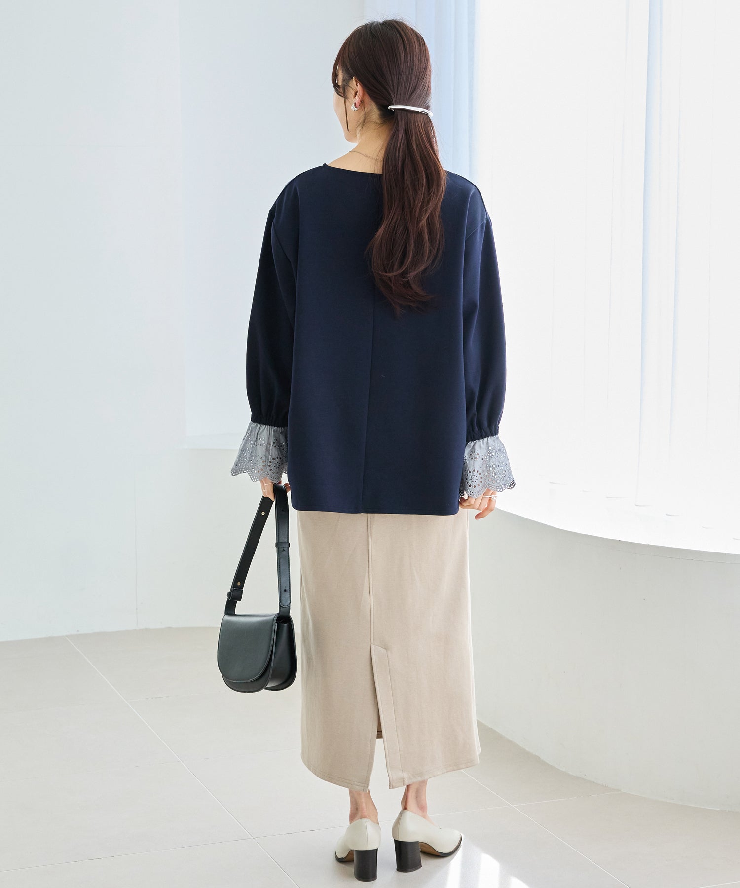 【洗える】袖レース配色ポンチプルオーバー