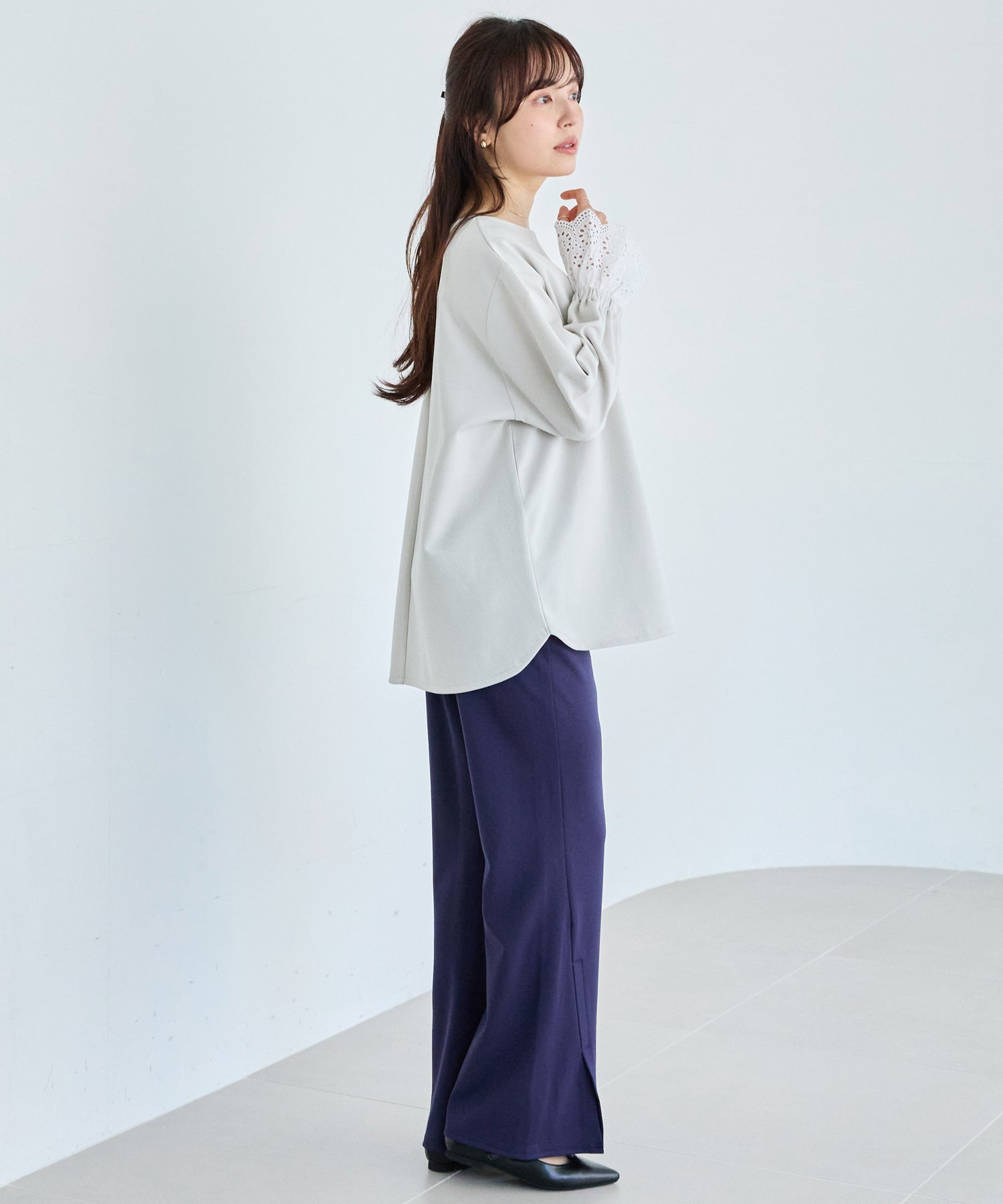 【洗える】袖レース配色ポンチプルオーバー