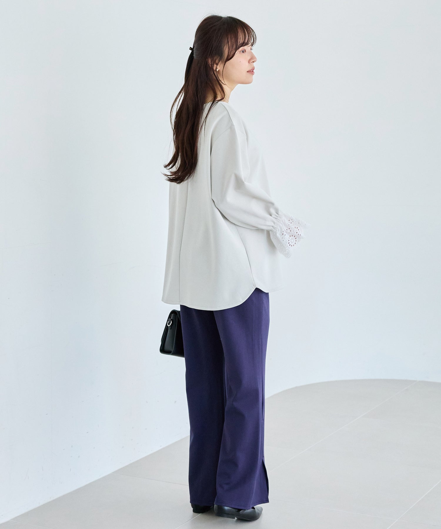 【洗える】袖レース配色ポンチプルオーバー