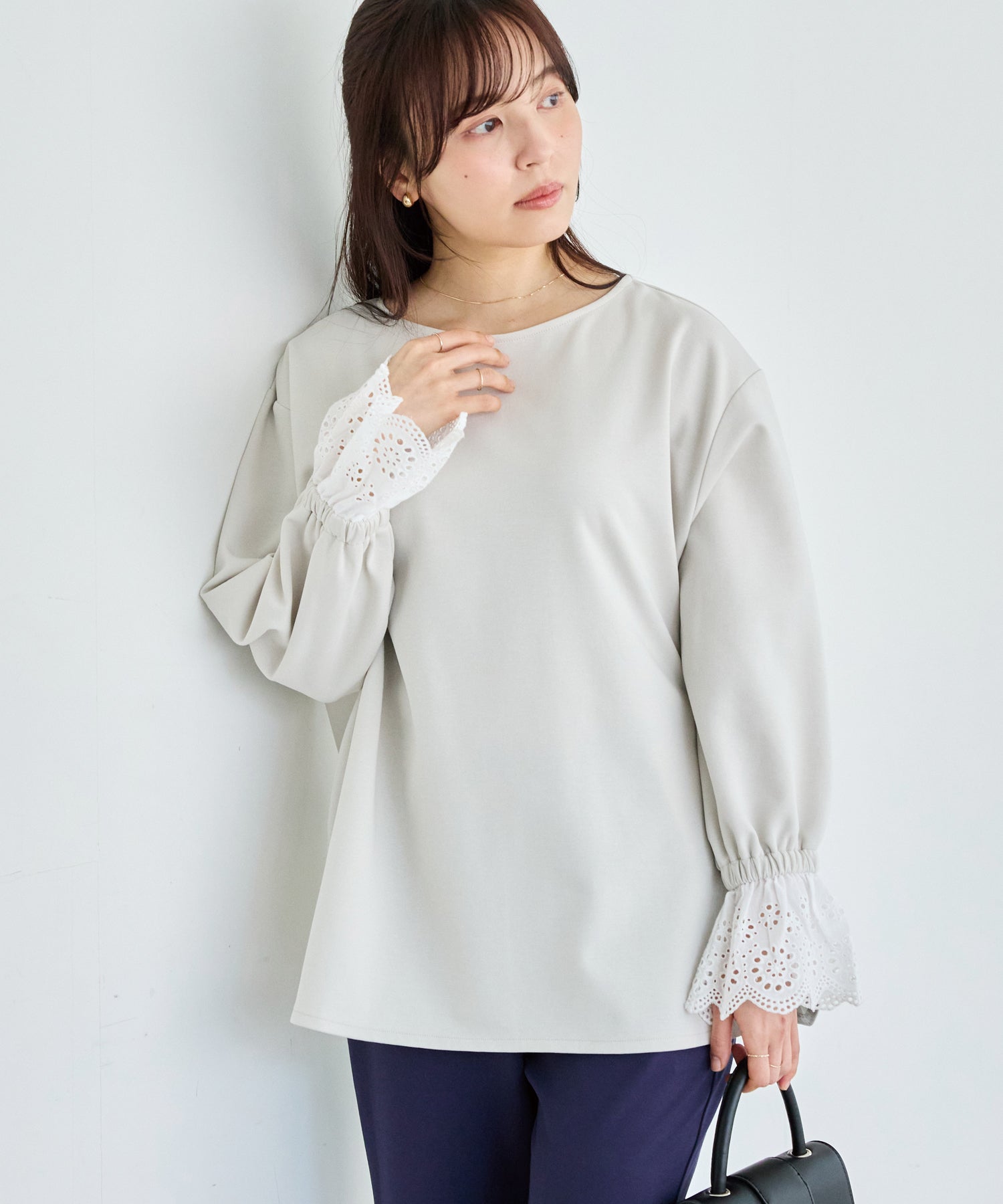 【洗える】袖レース配色ポンチプルオーバー