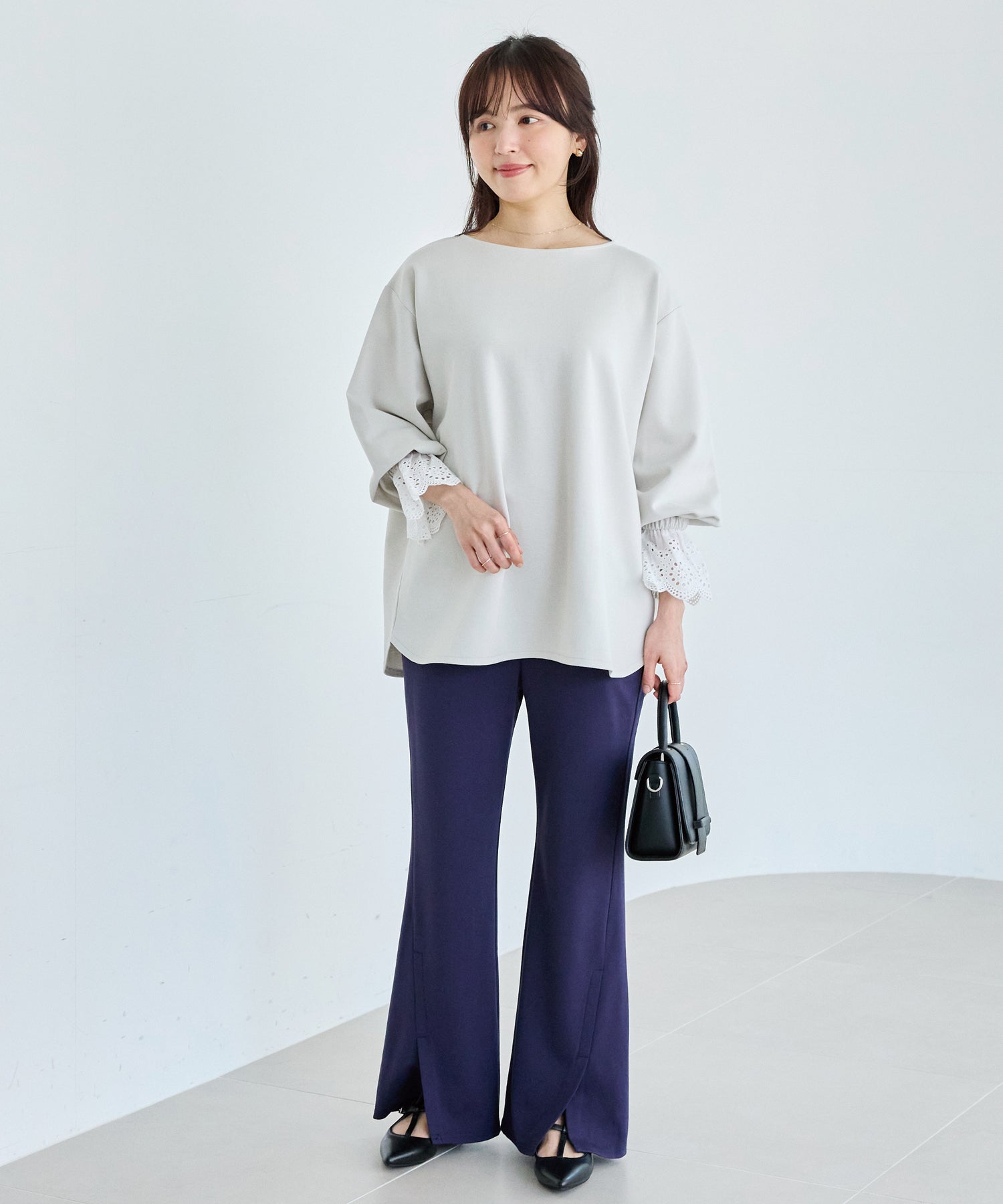 【洗える】袖レース配色ポンチプルオーバー