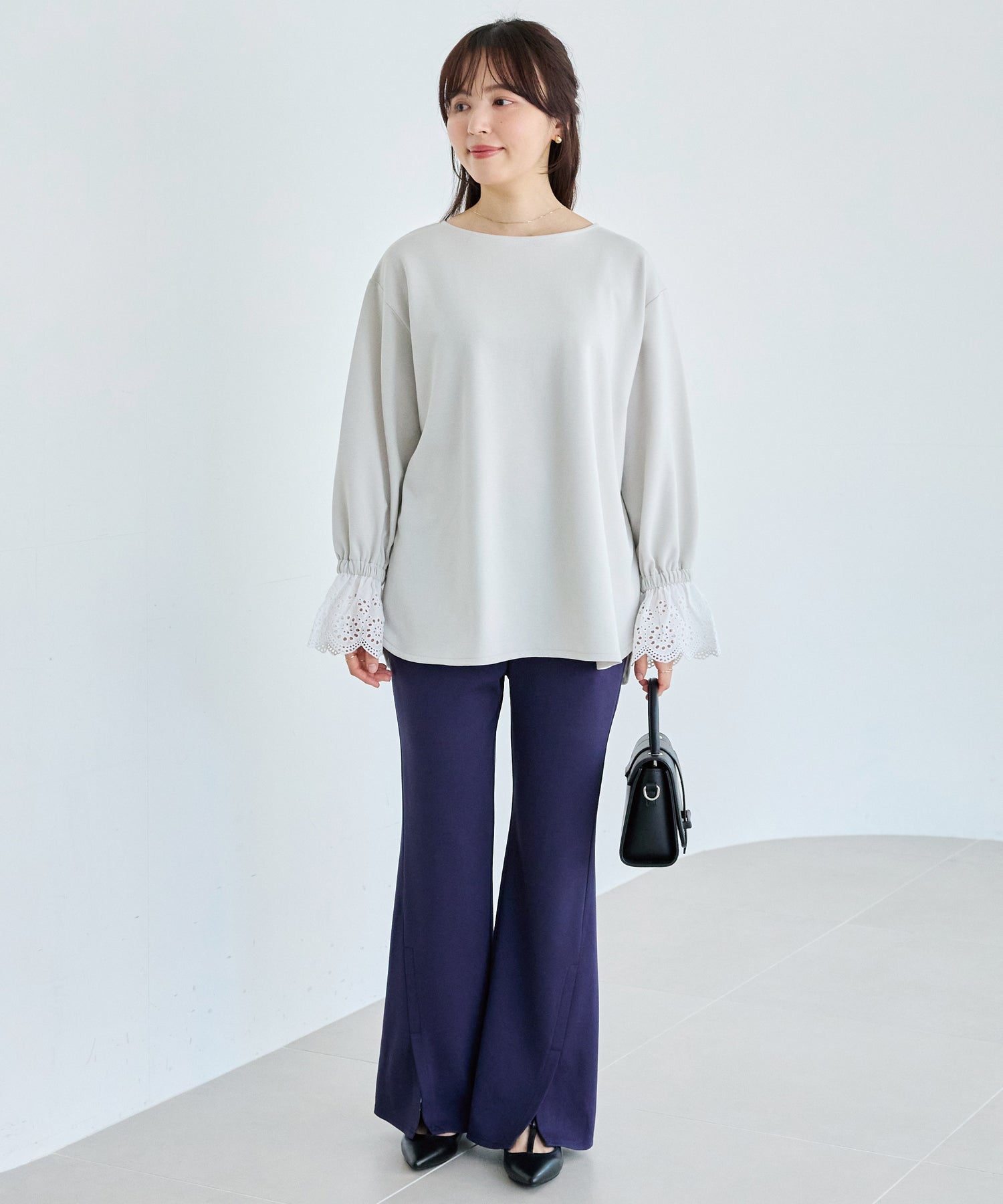 【洗える】袖レース配色ポンチプルオーバー