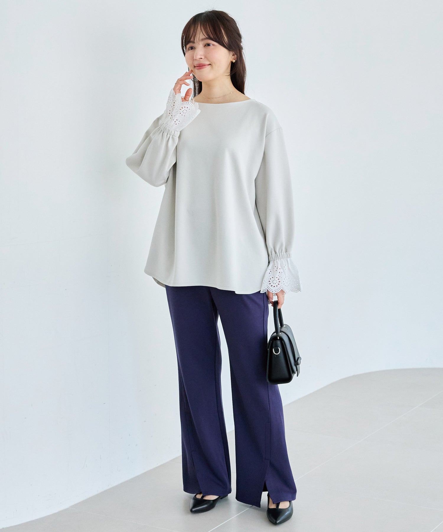 【洗える】袖レース配色ポンチプルオーバー