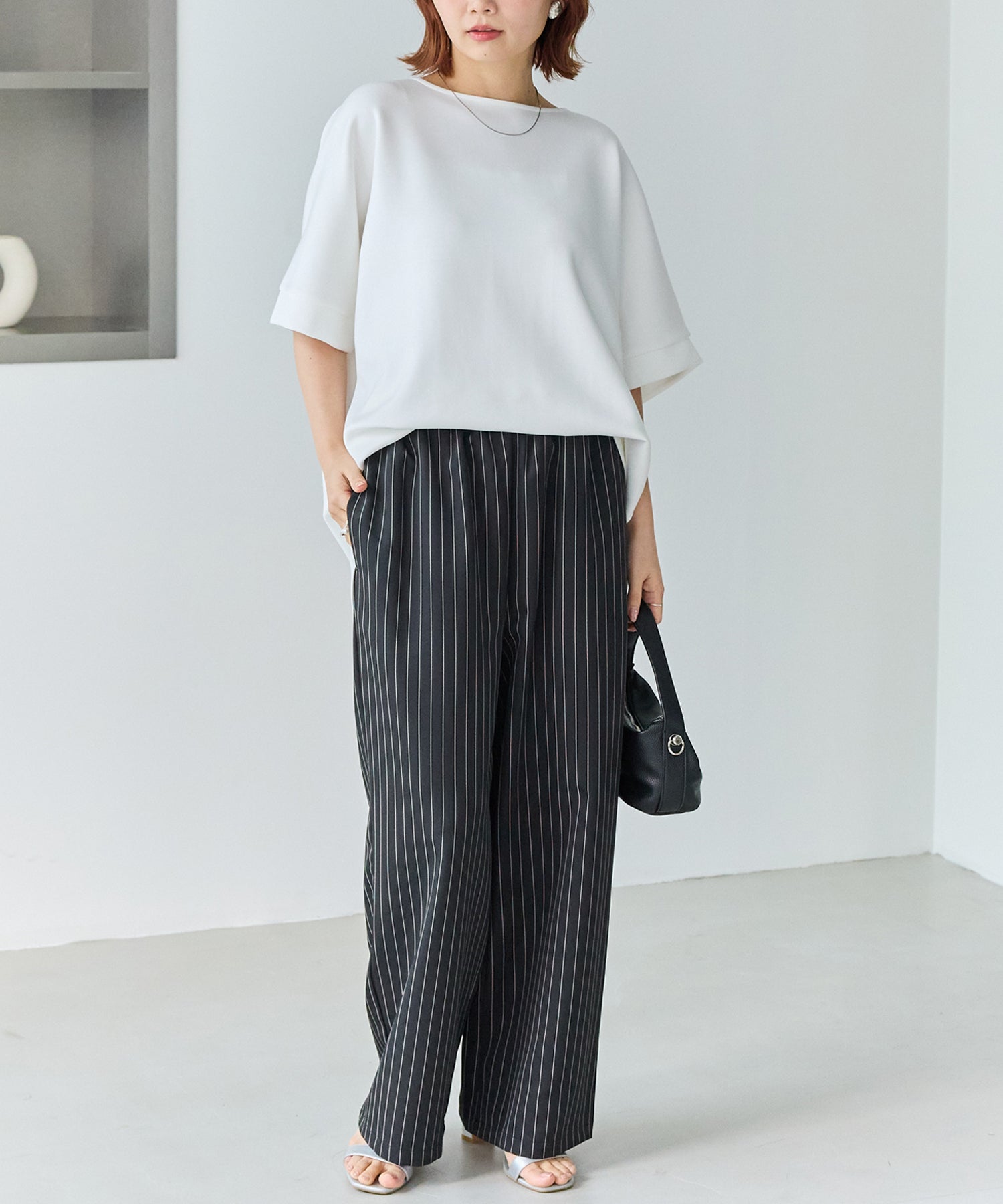 【洗える】ウエストシャーリングピンストライプパンツ