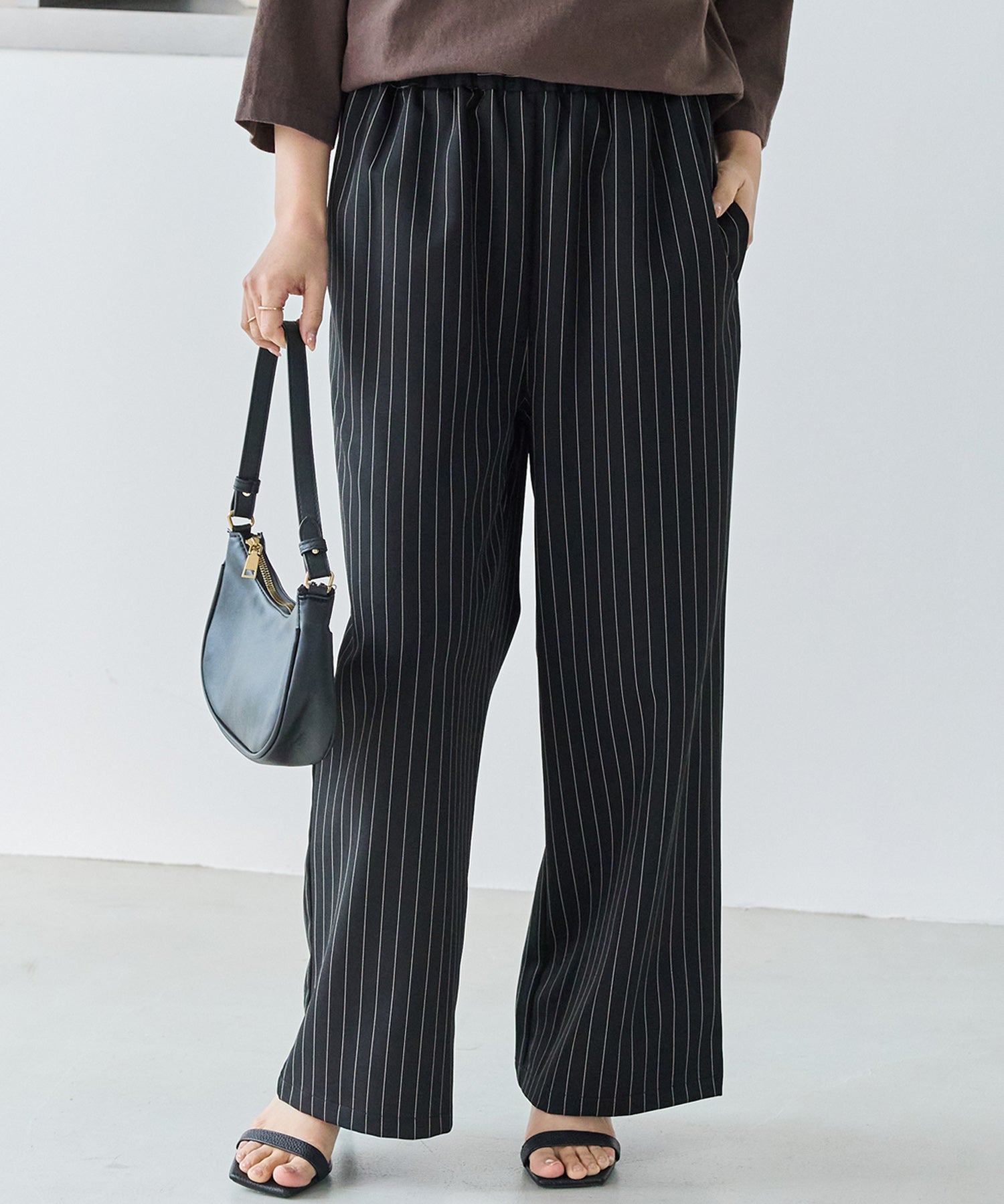 【洗える】ウエストシャーリングピンストライプパンツ