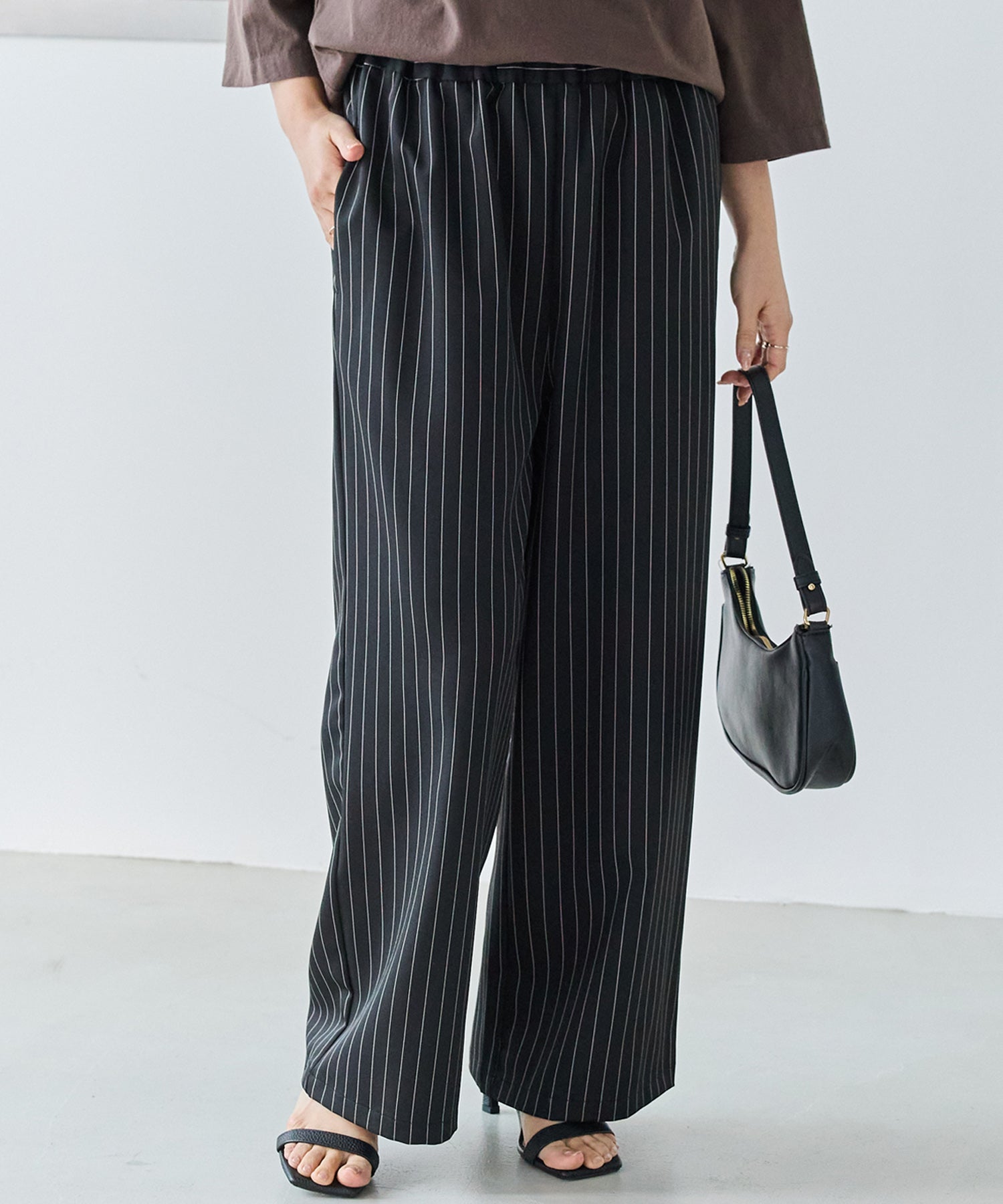 【洗える】ウエストシャーリングピンストライプパンツ
