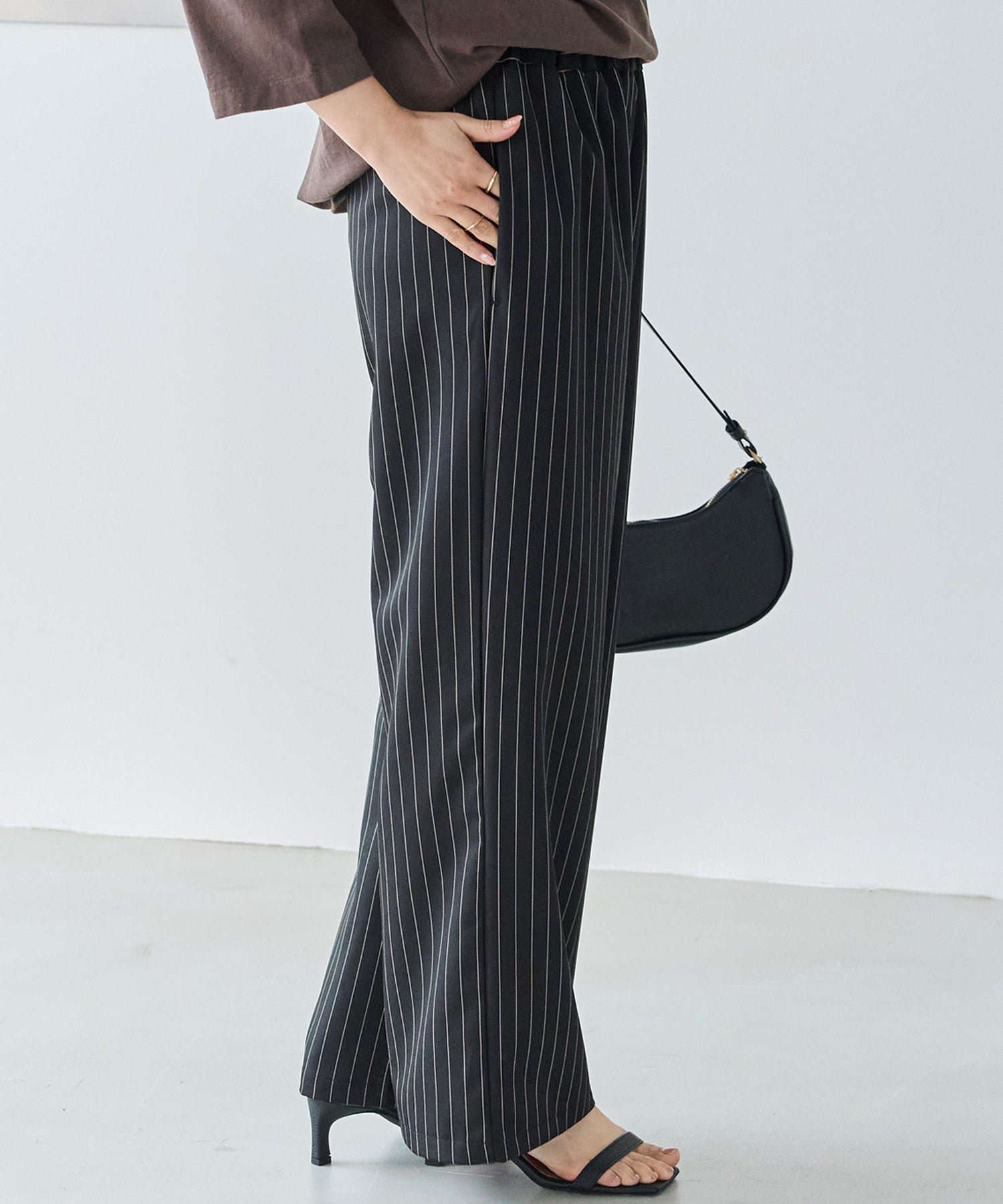 【洗える】ウエストシャーリングピンストライプパンツ