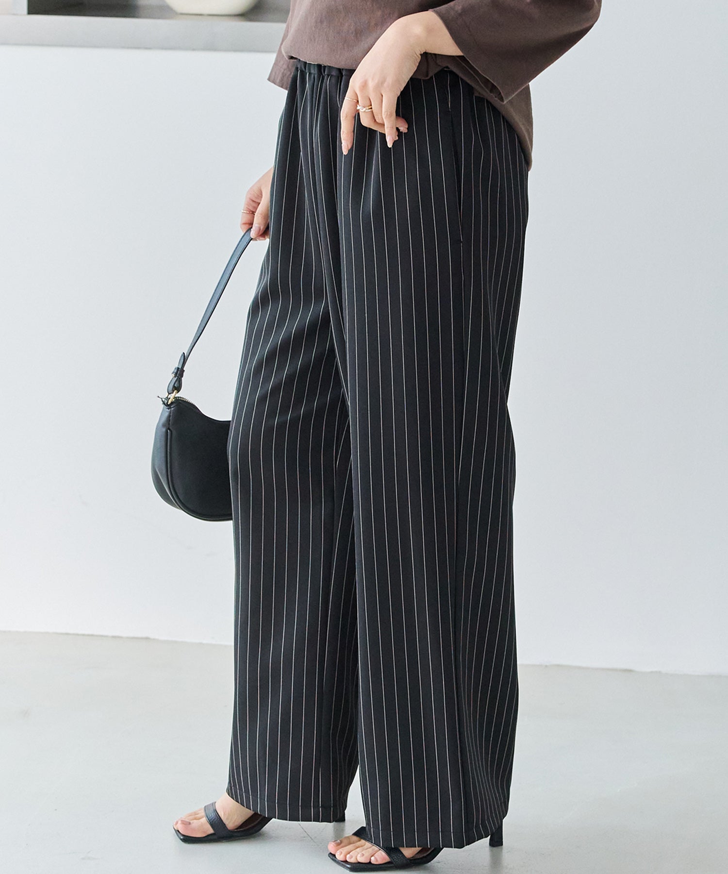【洗える】ウエストシャーリングピンストライプパンツ