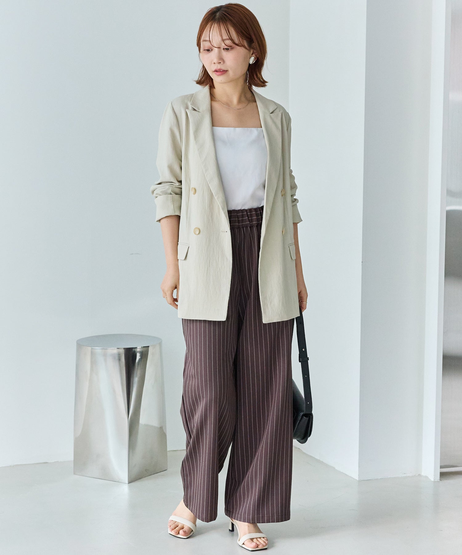 【洗える】ウエストシャーリングピンストライプパンツ