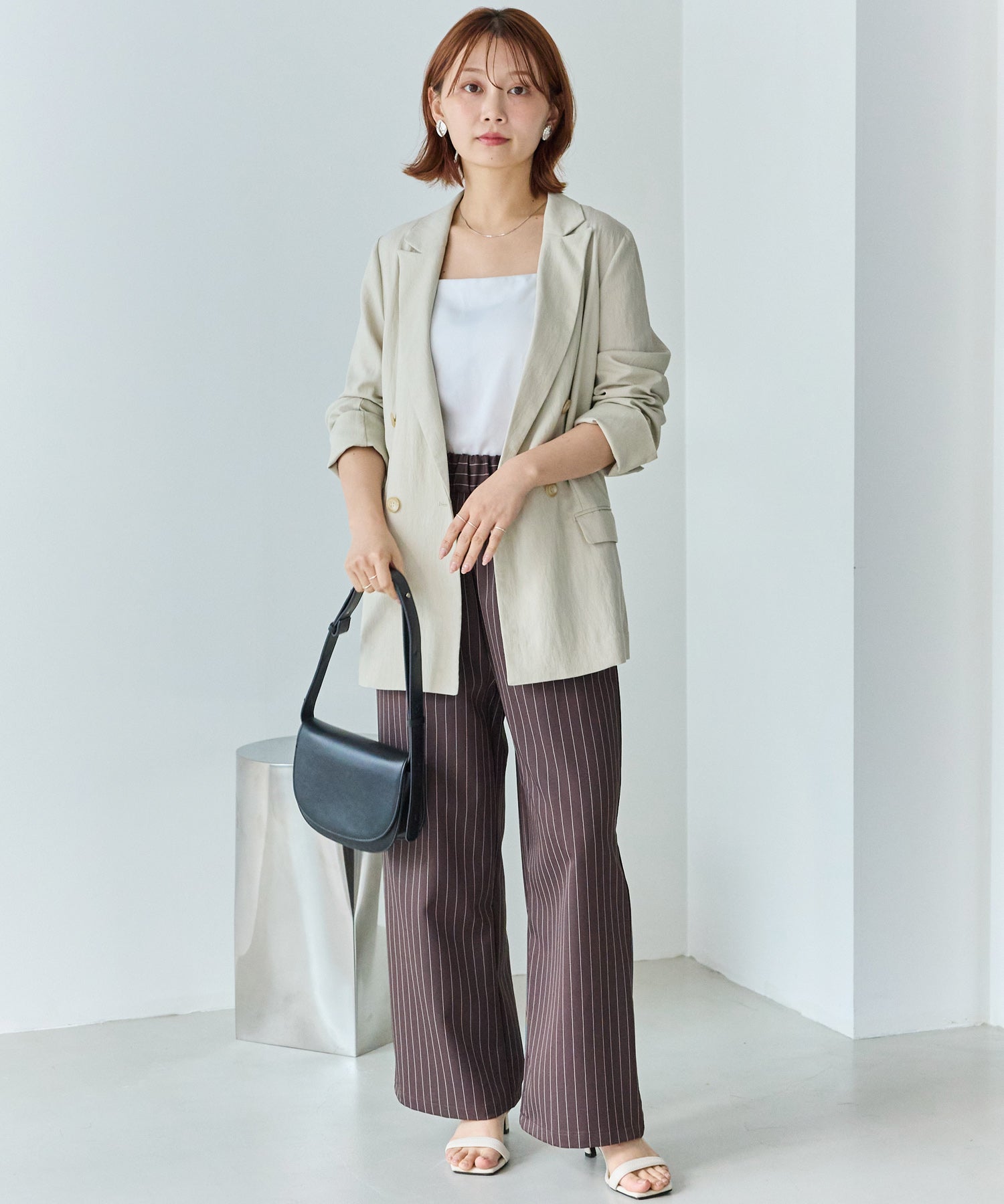 【洗える】ウエストシャーリングピンストライプパンツ