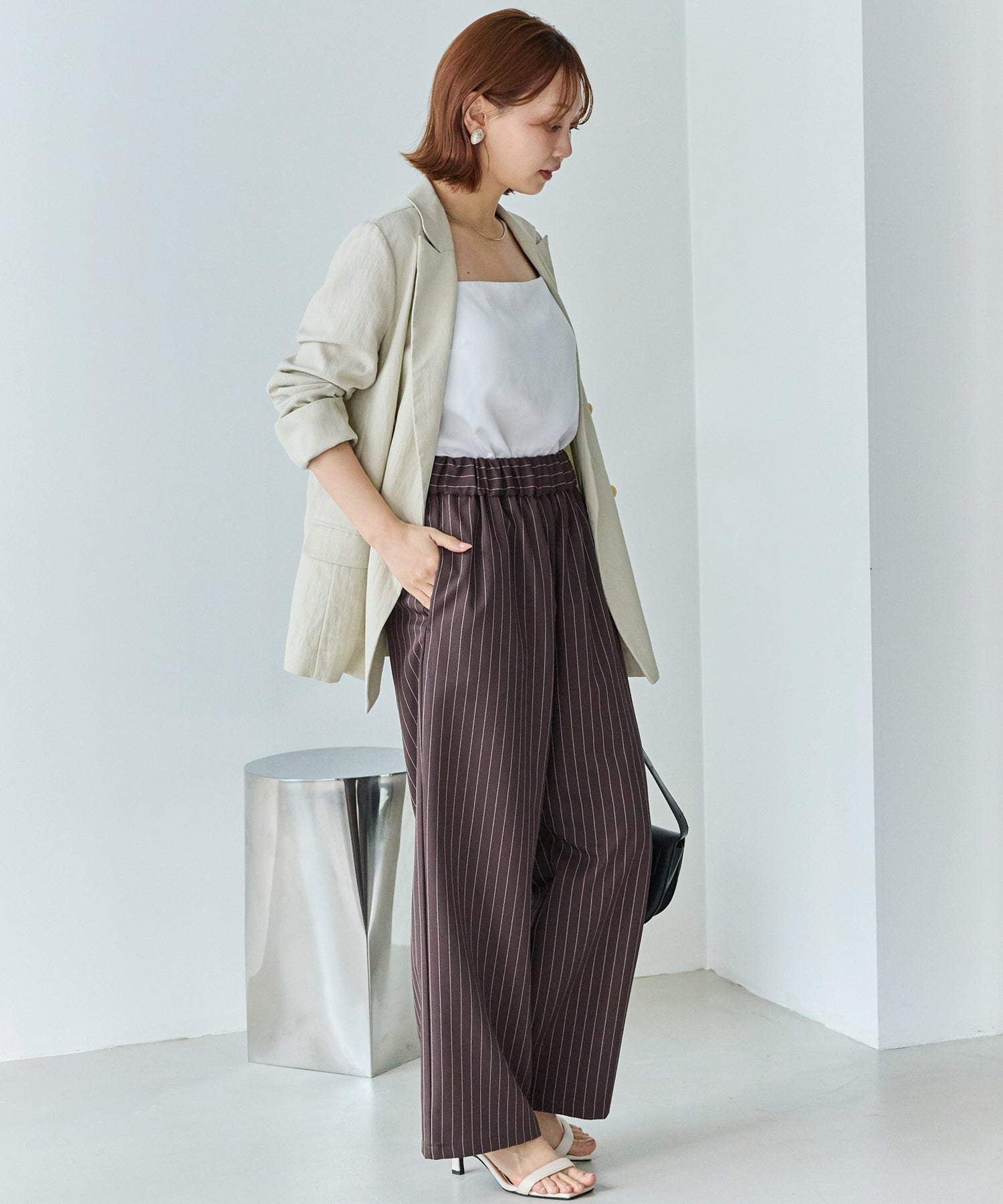 【洗える】ウエストシャーリングピンストライプパンツ