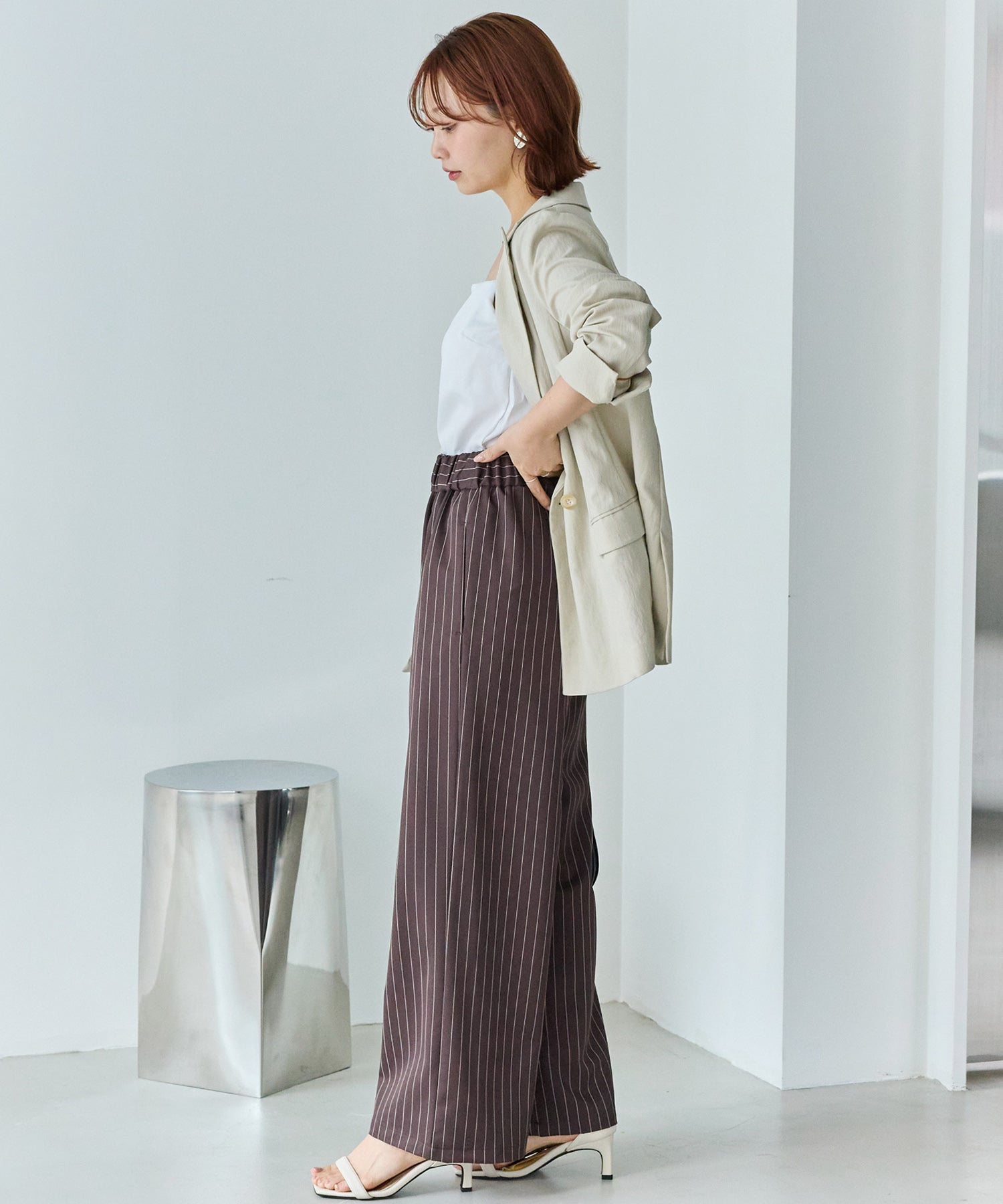 【洗える】ウエストシャーリングピンストライプパンツ