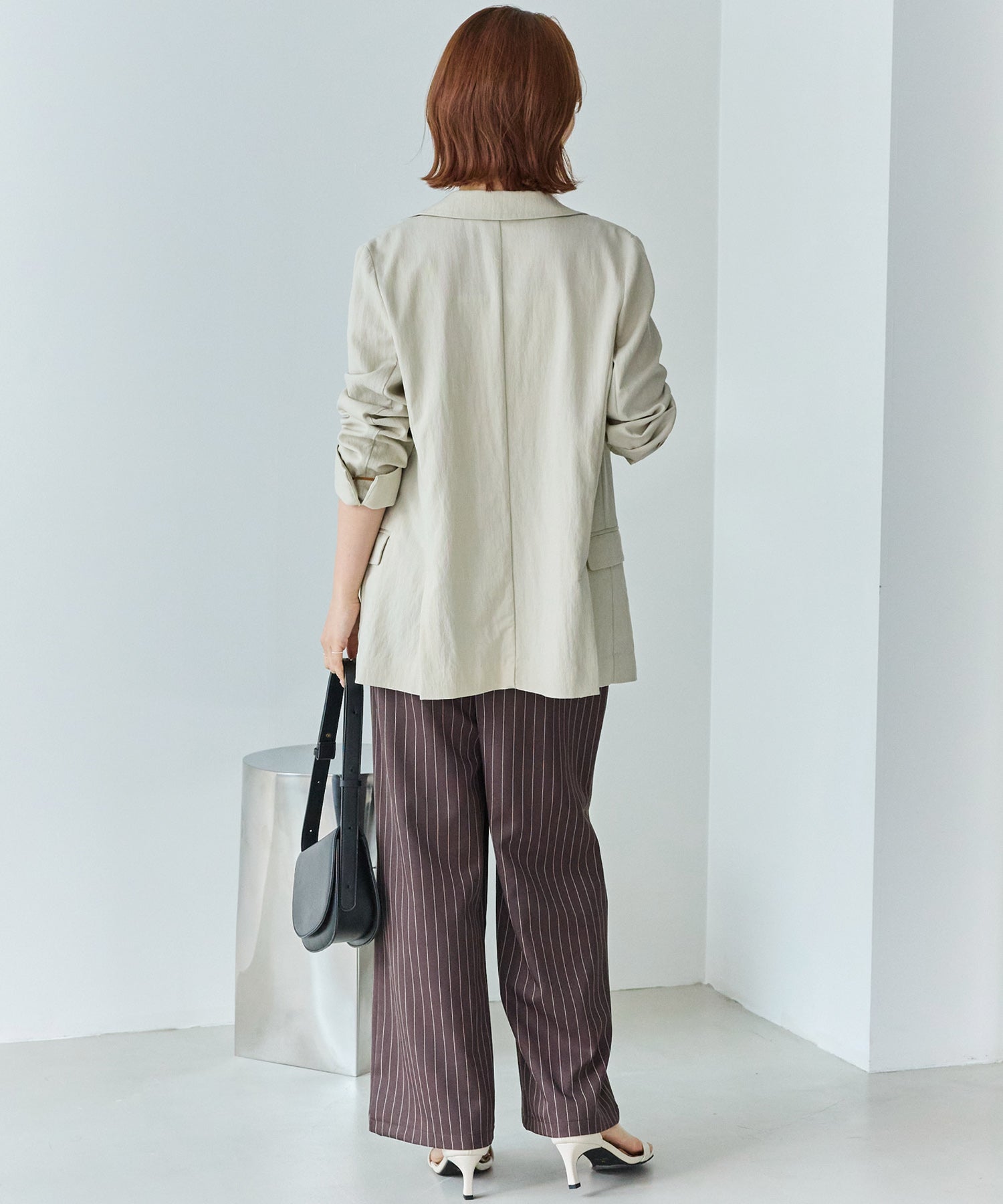 【洗える】ウエストシャーリングピンストライプパンツ