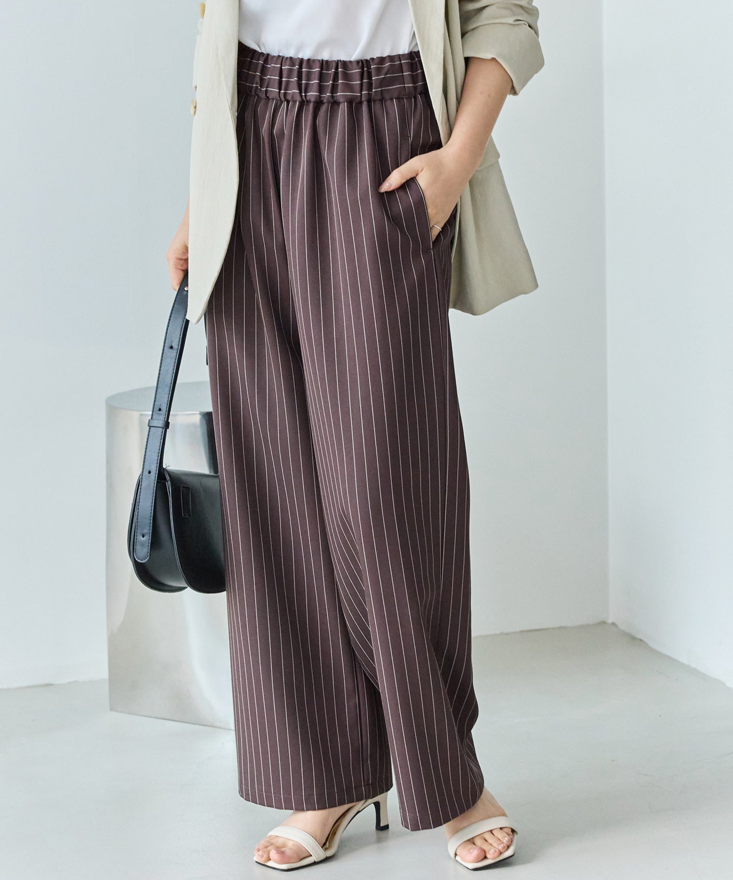 【洗える】ウエストシャーリングピンストライプパンツ
