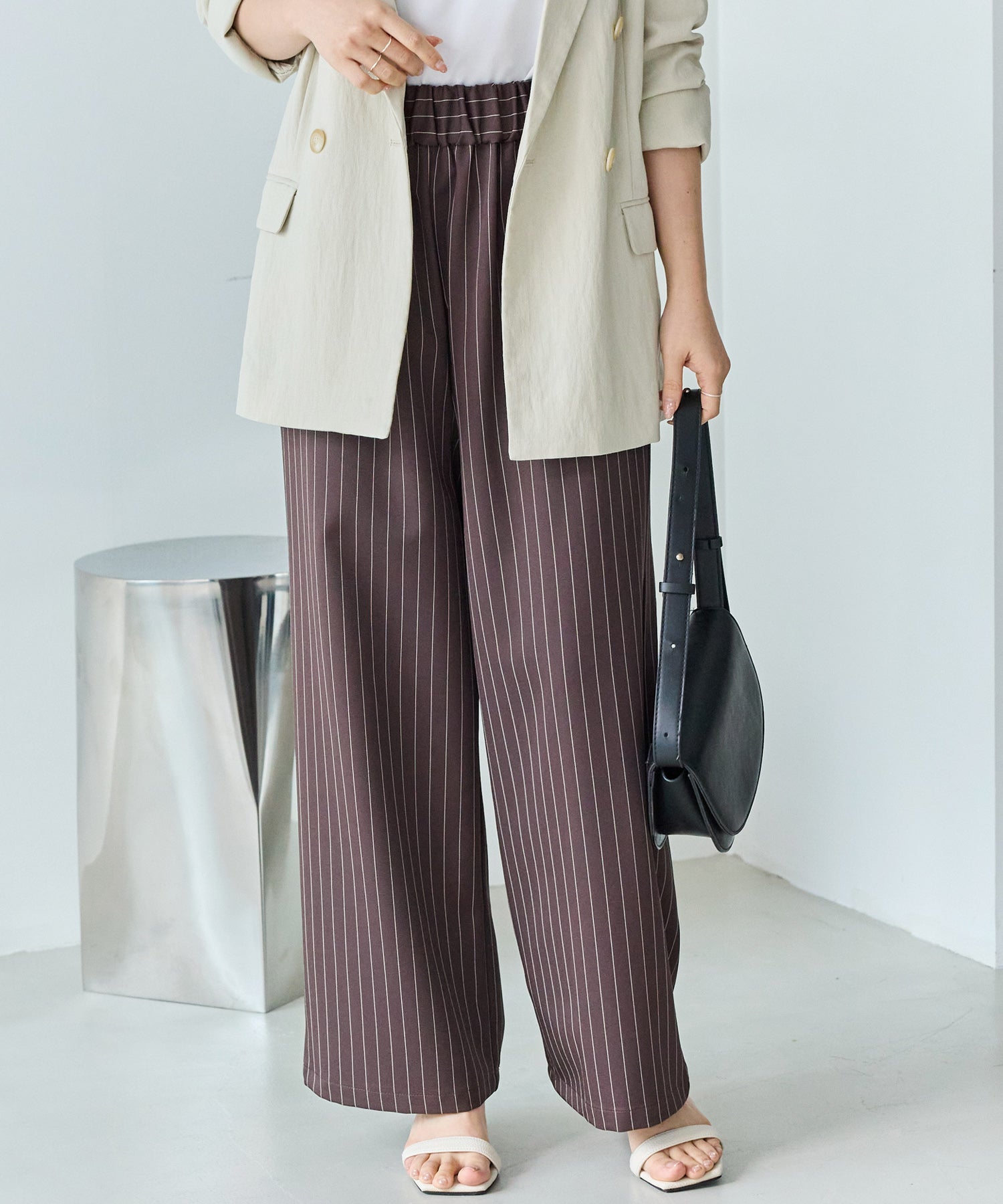 【洗える】ウエストシャーリングピンストライプパンツ