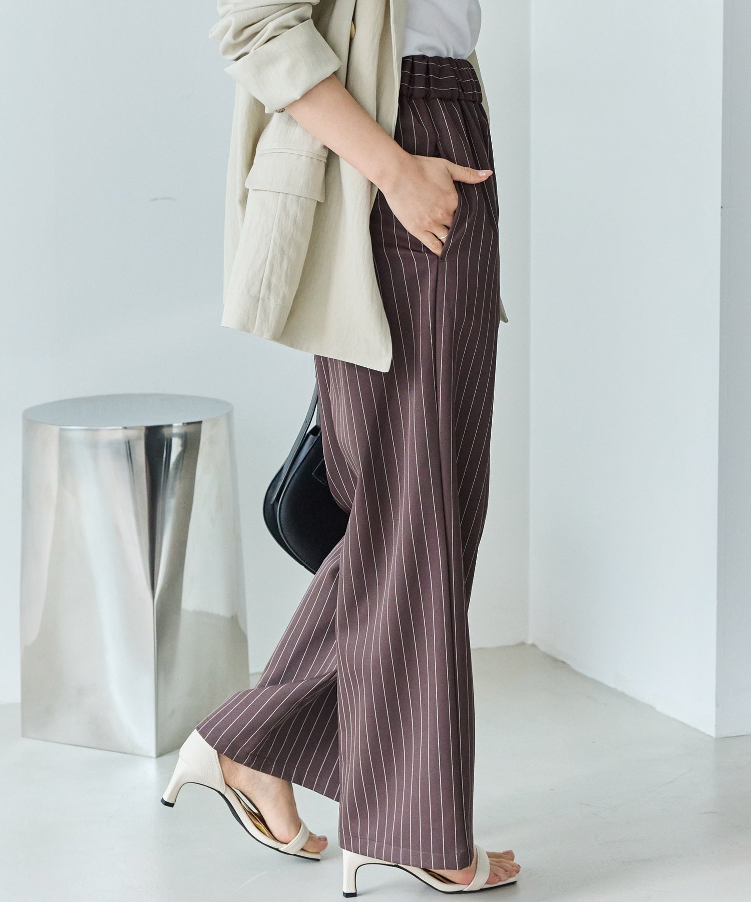 【洗える】ウエストシャーリングピンストライプパンツ