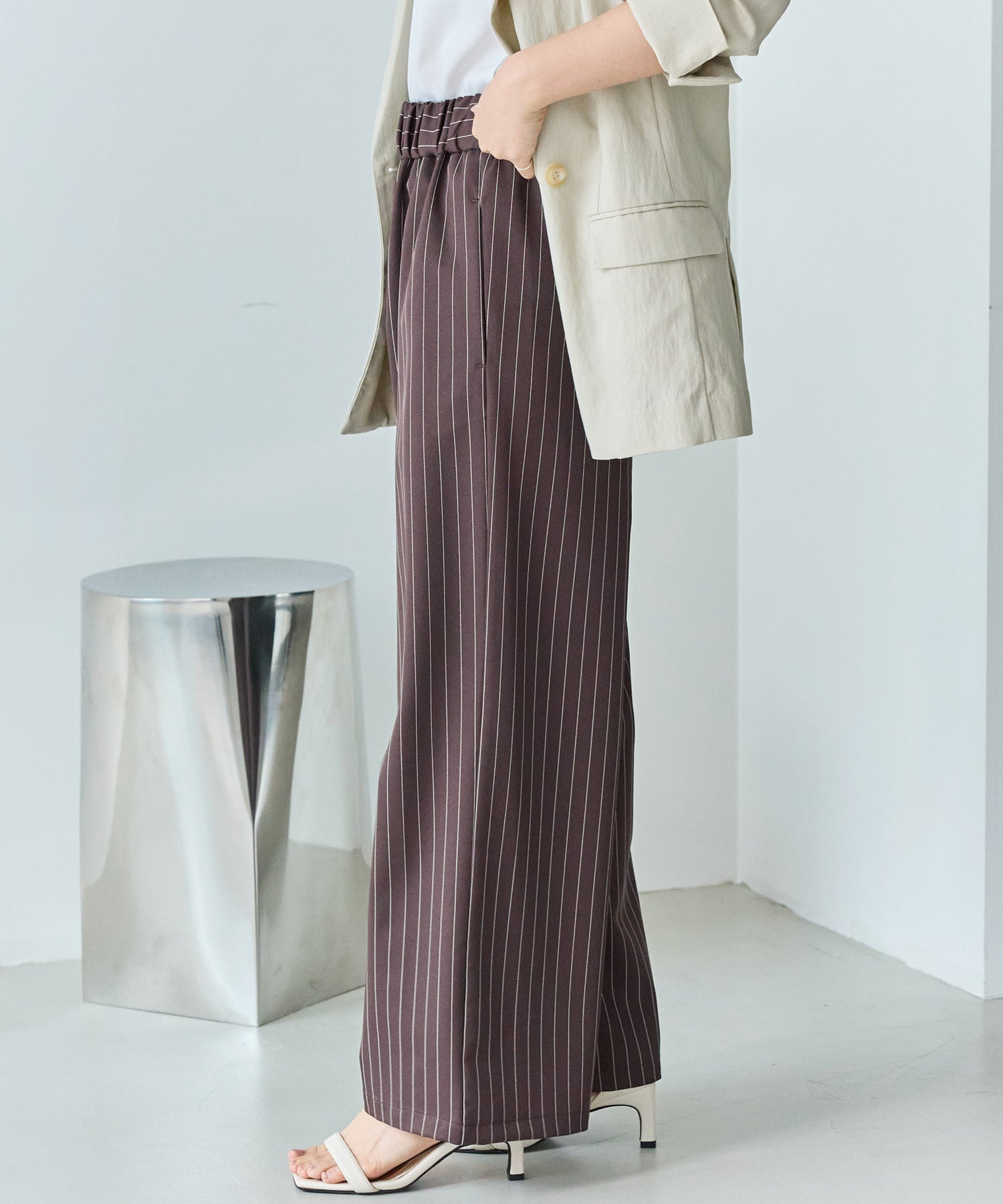 【洗える】ウエストシャーリングピンストライプパンツ