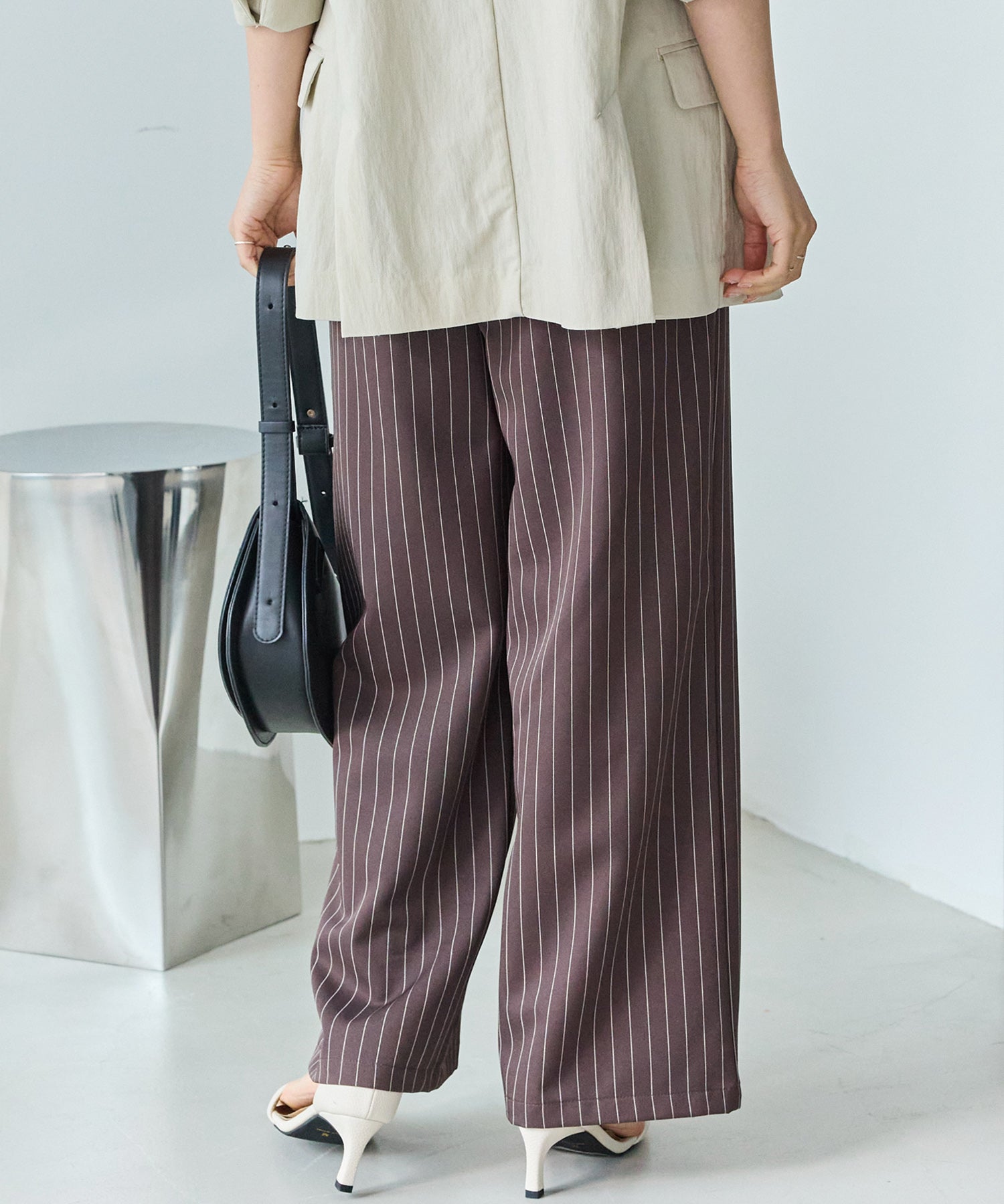 【洗える】ウエストシャーリングピンストライプパンツ