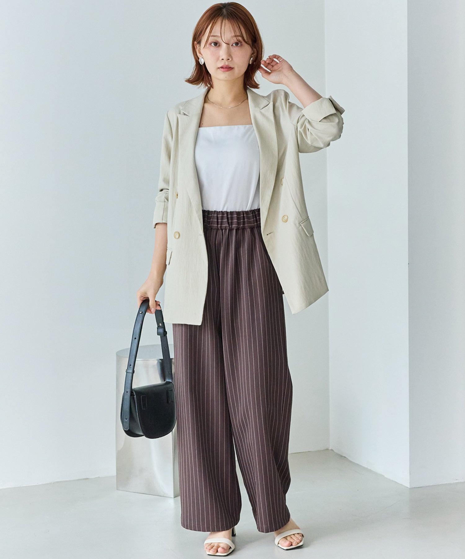 【洗える】ウエストシャーリングピンストライプパンツ