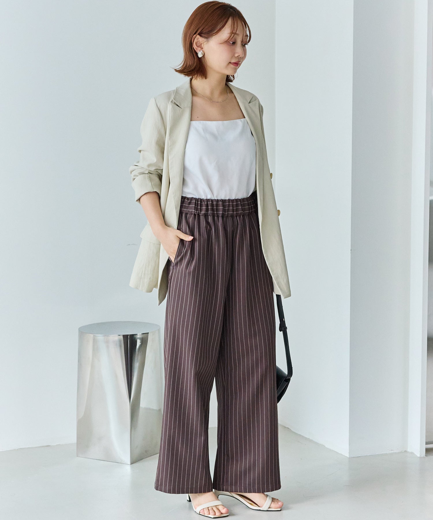 【洗える】ウエストシャーリングピンストライプパンツ