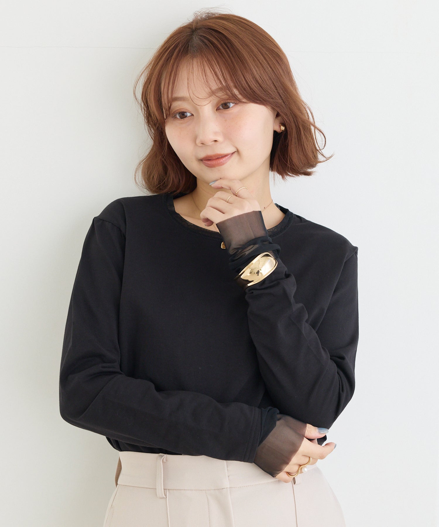 袖チュール切替プルオーバー