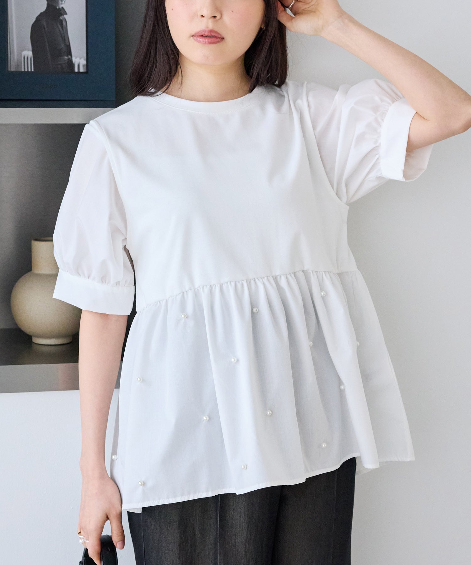 【洗える】パールペプラムプルオーバー