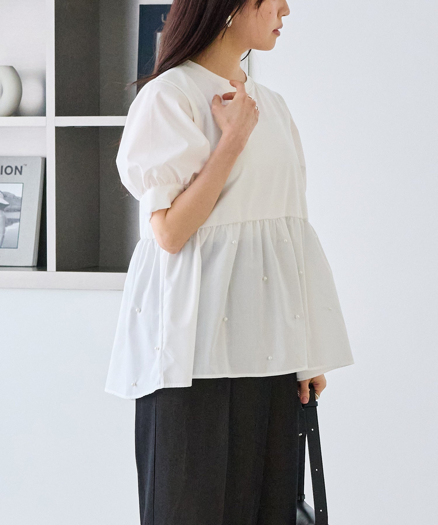 【洗える】パールペプラムプルオーバー