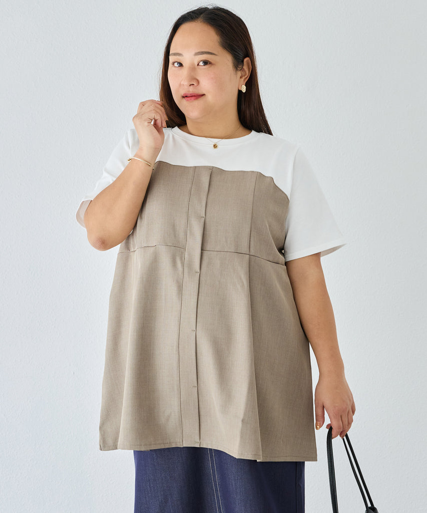 【ゆーまま】グローバルワーク　フェイクレイヤードタンク＋楊柳ブラウス 洗える】楊柳ストレッチタックブラウス | ラビアンジェ-⼤きいサイズの